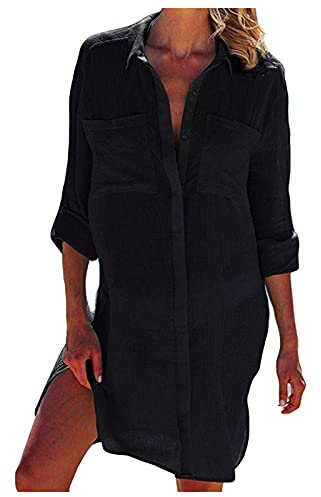 Camisa de playa para mujer, vestido largo de lino para mujer, color blanco, boho - ligero blusa de playa de manga larga vestido de playa vestido de verano vestido de playa de lino vestidos de playa