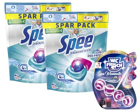 SPEE Power Caps 2x60 (120) WL Frische Kick 24H Deo-Frische Spar Pack, vordosiertes Vollwaschmittel & WC FRISCH Spa Momente Harmonie (1x 50g), langanhaltendes Dufterlebnis