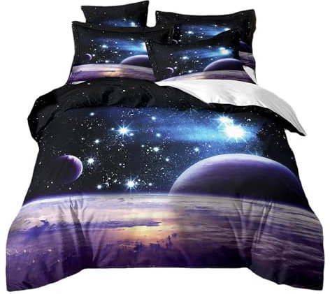 CHENGHUO Kinder Weltraum Themen Bettwäsche-Set， Blau 3D Weltall Sternenhimmel Universum Kinderbettwäsche ， Weiche Bettbezug und Kissenbezug 80x80cm mit Reißverschluss (A,220x240+80x80x2)