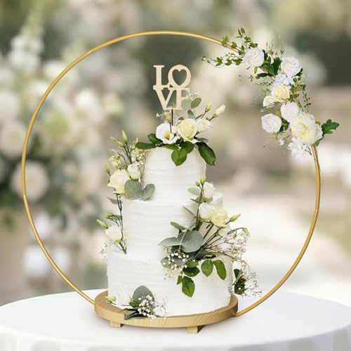LuvLuxe Alzata per torta nuziale, in legno, con cerchio floreale in metallo dorato, centrotavola e viti, espositore per torte per tutte le occasioni, supporto da tavolo per torte a 3 ripiani, cupcake