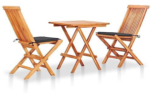 HEFZGDB 3-TLG. Bistroset mit Anthrazit Kissen Massivholz Teak Gartenstühle Gartenmöbel Set Gartentisch Geeignet für Terrasse, Garten, Pool.