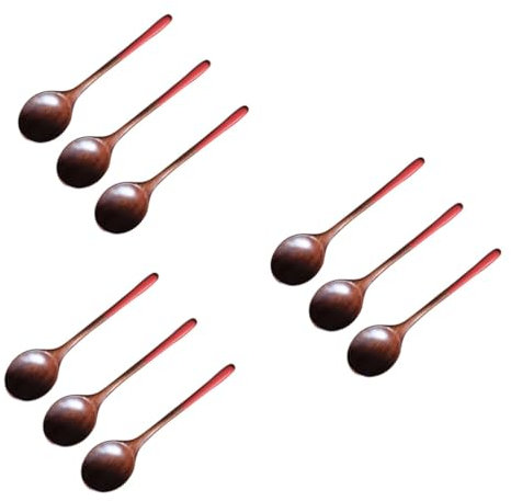 Amosfun 9pcs Ergonomic Handle Wooden Soup Spoon Food Serving Scoop Cutlery Kitchen Utensil Tableware