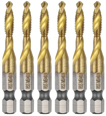 sourcing map 6pcs Combination Drill and Tap Bits Metric M5 x 0.8 Thread 1/4 Hex Shank Titanium Coated Threading Screw Taps 4341 High Speed Steel Machine Drilling Tapping Tool Kit