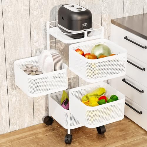 toxaaiwr Chariot de rangement de cuisine, chariot de rangement sur roulettes, chariot rotatif à 4/5 couches, panier à fruits, légumes, étagère en fil métallique avec couvercle supérieur pour salon,