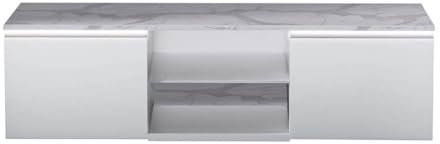 AltoBuy Chris White - Meuble TV Blanc Laqué Brillant Plateau Imitation Marbre avec LED