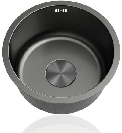 304 Edelstahl Küchenspüle,Mini Spülbecken Rund Schwarz,Spüle Küche Klein,Spülbecken,Rundspüle,Edelstahlspüle1 Becken mit Abflussrohr Und überlauf Einbauart: Einbau Von Oben und Unterbau (Ø 30cm)