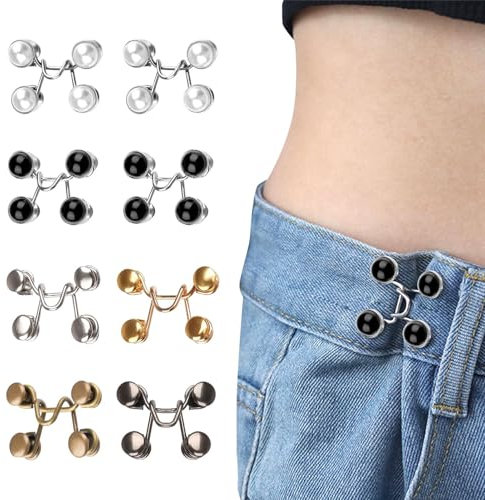 Pearl Jean Knopfnadeln, 8 Sets Hose Enger Machen Clip, Abnehmbare Hosenknöpfe Erforderlich, Knöpfe Hosen Enger Machen für Hosen Jeans Damen Rock(COLOR:weiß, schwarz, gold, silber, bronze)