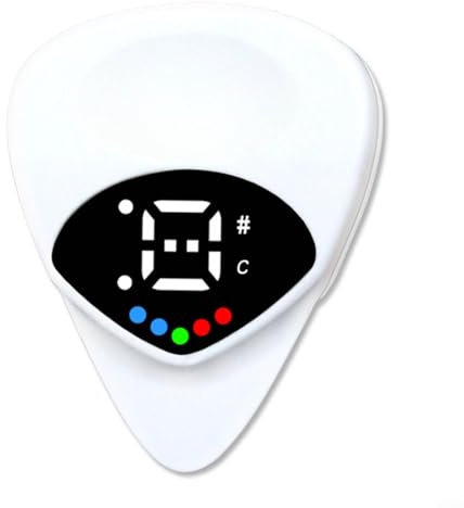 VRTYVEYBB 2-in-1-Gitarren-Plektrum-Stimmgerät für akustische E-Gitarre, Bass, Mandoline, Echtzeit-Tonhöhenüberwachung, visuelle Indikatoren, ergonomisches Anti-Rutsch-Design, Metall, ABS, weiß, 40 x