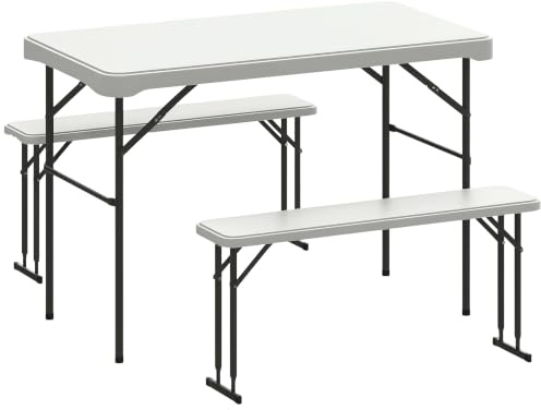 Outsunny Ensemble Table Pliante et Bancs de Pique-Nique 113 cm Gris Clair | Table Camping Pliante, Chaises Portables avec Poignées de Transport, Pliable, Blanc
