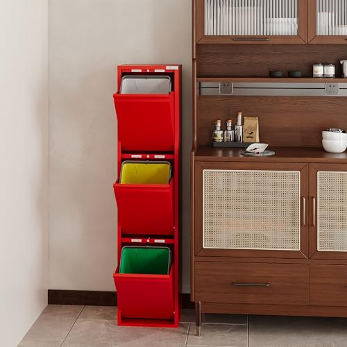 VEEHAUS Küchen Mülltrennsystem, Metall Müllschrank, 3 Klappfächer 3 x 15 L | Freistehend & vormontiert, 3 einzeln öffenbare Klappen, Magnetische Außenfläche, Herausnehmbare Eimer, 45L, Rot