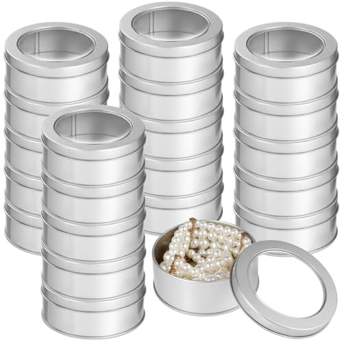 YOFAPA 20 Pcs Metal Tin Cans, 6-ounce Round Containers with Clear Tops, Empty Food Storage Containers for Storing Candles, Candies, Tea, Silver Tin Cans for Kitchen, Office, Travel