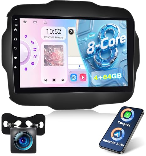 NHOPEEW Qualcomm 8 Core 4+64G DAB/DAB+ Autoradio per Jeep Renegade 2016-2020 - Radio da 9 pollici con supporto Carplay e Android Auto Wi-Fi e GPS ventola di raffreddamento DSP+ telecamera posteriore