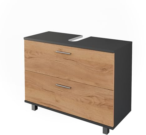 Vicco Mobiletto per lavabo Ilias, Rovere dorato/antracite, 80.2 x 60.8 cm con 2 cassetti, con ritaglio per sifone e aperture di ventilazione laterali