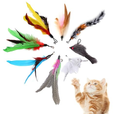 AMSGANK Lot de 8 Jouet à Plumes de Rechange pour Chats, Jouets Interactifs avec Clochettes Jouet en Plumes de Remplacement Set