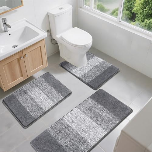 Enyhom Microfiber 3 Piece Bath Mat Sets Non Slip Bath Rugs and Pedestal Mats for Bathroom Washable Absorbent Bathroom Floor Carpet Rug Toilet Rug, Dark Grey