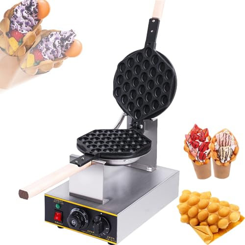 WuDLi Commercial Bubble Waffle Maker, 1400w Egg Bubble Puff Iron, 50-250℃/122-482℉ Adjustable,180° Rotatable 2 Pans & Wooden Handles, Stainless Steel Baker W/non-stick Teflon Coating