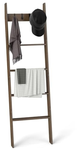 FANTASK Échelle de plafond en bambou avec 4 crochets, 5 échelons et sangles anti-basculement, échelle porte-serviettes pour salon, salle de bain, 43 x 8 x 148 cm, marron