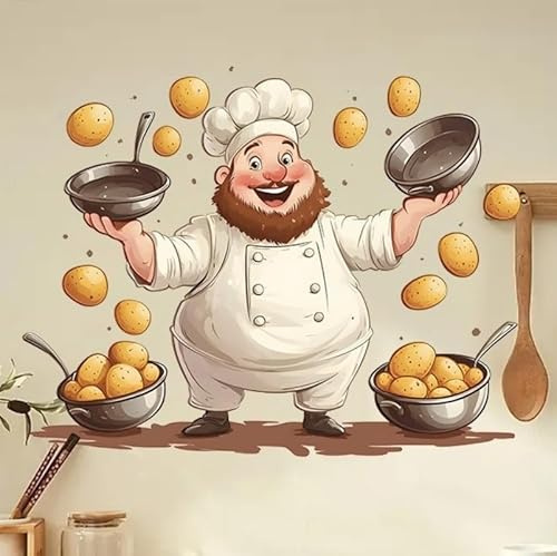 COVPAW Wandtattoo Küche, Lustiger Chefkoch mit Töpfen und Kartoffeln, 30 x 30 cm, Wanddekoration für Wand Kühlschrank Tür Möbel Fenster Restaurant usw. (Chefkoch)