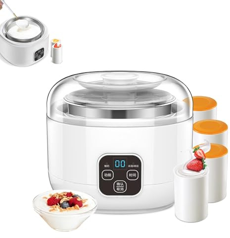 Máquina eléctrica de yogurt con control de temperatura y tiempo ajustable, fermentador automático de 1 litro para el hogar y la cafetería, forro de acero inoxidable, incluye 4 tazas (fácil de limpiar