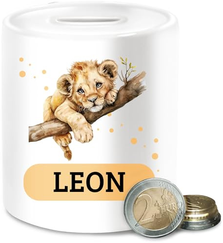 Spardose - Löwen - Baby Löwe mit Name personalisiert I Löwe Geschenk I Löwengeschenke - Unisize - Weiß - Kinder babyspardosen zur Geburt löwenmotiv kinderspardose Tiere Geschenke Tier