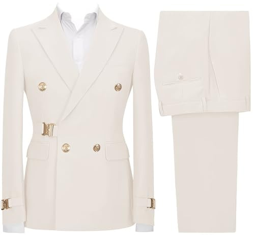 TUXBURNTXZ Cream 2 Piece Suit Men Slim Fit Prom Suits for Men Double Breasted Jacket Pants Suit Set for Formal Business Wedding Tuxedo 2XL