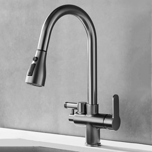 Küchenarmatur mit Spülmaschinenanschluss Wasserhahn Küche Ausziehbar Schwenkbar Spülenarmatur Ein Loch 2 Griffe Messing-Grau