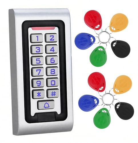 Fredorlokk - Teclado de control de acceso RFID IP68 impermeable + 10 x 125 KHz RFID Keyfobs, WG26 2000 usuarios retroiluminado teclado de metal para apartamento/villa/garaje