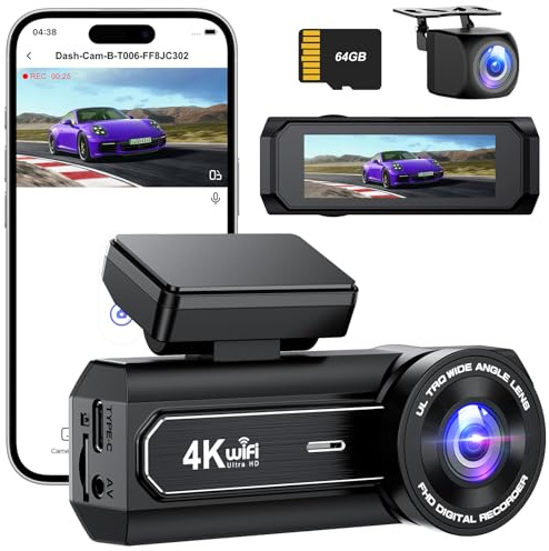 Topabol Dashcam Auto 4K + 1080P, Dual Dashcam Auto Vorne Hinten, WiFi Dash Cam mit 64GB SD Karte, APP Steuerung, Auto Kamera mit Überlegene Nachtsicht, 170° Weitwinkel WDR, G-Sensor, Loop-Aufnahme