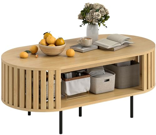HOMCOM Table Basse Ovale, Table de Salon avec Rangement, Coins arrondis, Design Lattes, Pieds en Acier, Style Nordique, pour Salon, Bureau, 100 x 50 x 40 cm, Effet Bois Naturel