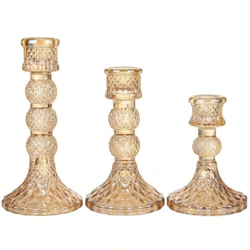 Olrla Lot de 3 bougeoirs Verre ambré, hauteurs variées pour Bougies à Tige | Bougeoirs en forme de marches élégants, conviennent aux bougies à tige et chauffe-plat