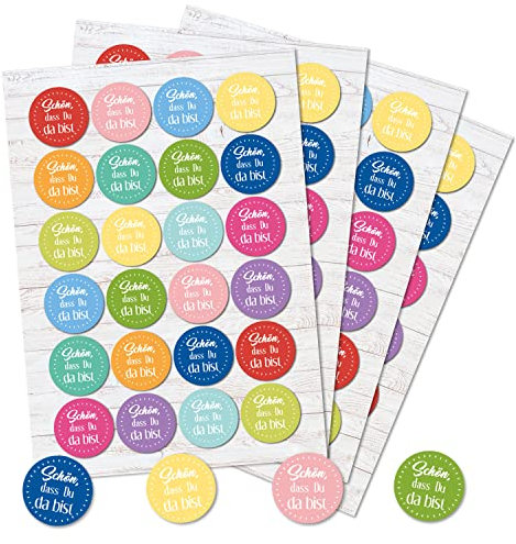 Spruchaufkleber, 96er Set: Runde Sticker mit Sprüchen, Aufkleber Rund, Spruch Schön Dass Du Da Bist, Geschenkaufkleber Sprüche, Zum Aufkleben, Erwachsene & Kinder, Geschenk Freundschaft, Klein, ⌀ 4 cm