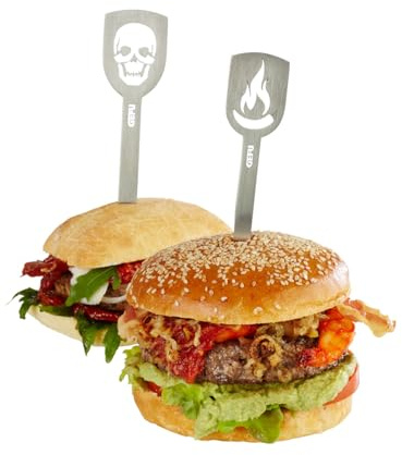 GEFU Hamburger-Spieße TORRO 2er-Set - Edelstahl Burger-Spieße mit Motiven | Ideal zum Fixieren von Burgern und als Grillspieße - Robustes Edelstahl-Set mit Flamme und Totenkopf - Spülmaschinenfest