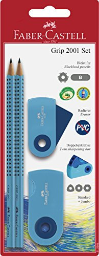 Faber-Castell Blister mit 2 Bleistiften Grip 2001 + Radiergummi + Anspitzer blau