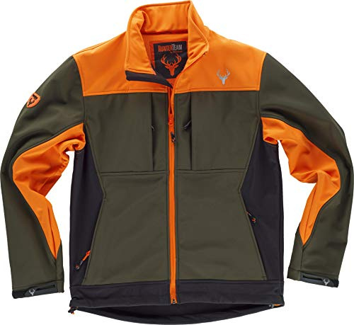 Work Team Chaqueta Caza y Pesca workshell combinada Tricolor. Cuello Alto y cubrecosturas Interior. Canesús Combinados. Cierre de Cremallera de Nylon. Hombre Verde Caza+Naranja A.V.+Negro XXL