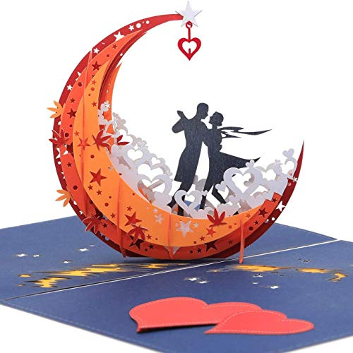 NLR 3D Pop-up Biglietto d'auguri # Gli amanti ballano sulla barca lunare | Ideale per anniversario, San Valentino, compleanno, cerimonia nuziale (Rosso)