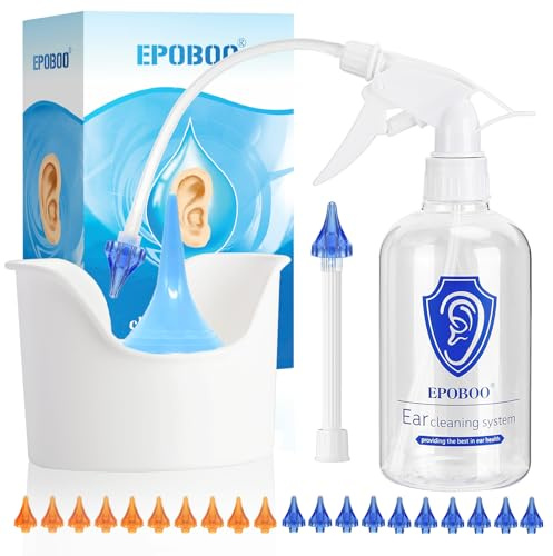 Ear Wax Removal Spray Bottle – Safe & Effective Ear Irrigation, FSA-HSA-Eligible, 500ml Bottle with Big Basin, Drying Bulb, 20 Reusable Soft Tips, Rigid Pipe for One-Person & Flex Tube for Family Use