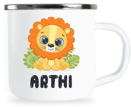 Personalisierte Kindertasse mit Name und lustigem Löwen Motiv Emaille Tasse individuelle Geschenke Geschenkidee für Kinder Kind Mädchen Junge Geburtstag Metallbecher Emailletasse