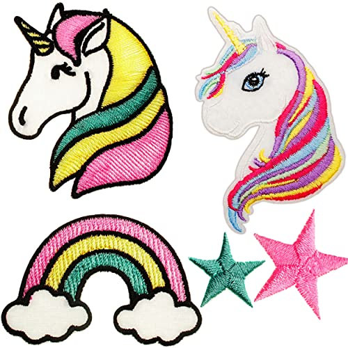 alles-meine.de GmbH 5 TLG. Set Textil - Sticker/Applikationen zum Aufkleben/Bügelbild - Einhorn mit Regenbogen & Sterne - 7,5 cm * 4,6 cm - Aufnäher/Applikation/Aufbügler..