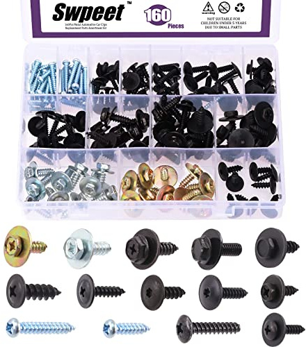 Swpeet Lot de 160 clips de retenue en métal pour voiture, 14 tailles, avec tête ronde Phillips, assortiment de vis, boulons, liner, boulons, pare-chocs, bouclier