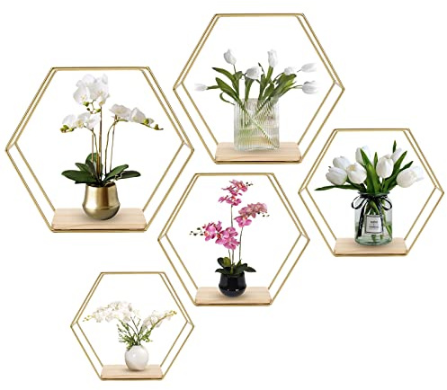 panthem Hexagon Wandregal Metall 5er Set, Gold Deko Hängeregal Loft Wandregale, Wand Regal für Wanddeko in Wohnzimmer, Schlafzimmer, Bad, Café und Hotel