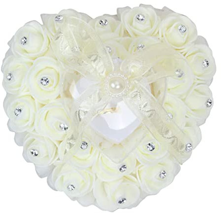 Ringkissen Hochzeit,Ehering-Kissen,Romantische Herzförmig Ringhalter mit Rose Strasssteinchen und Schleife,Hochzeit Ring Box Paar Ring Kissen Ringträger Mit Kleiner Ringbox für Eheringe Verlobung