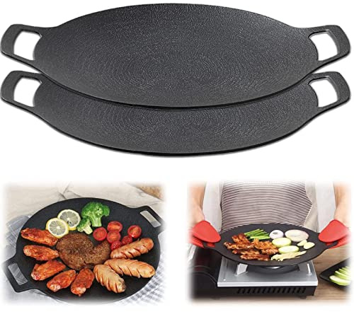 Gvqng Multifunzione Bistecchiera in Pietra Medica Padella Antiaderente, Padella per Barbecue Coreana, Ghisa Stagionata Bistecchiera Rotonda con Manico Antiscottatura,2pcs,L