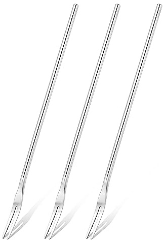 Set of 3 Long Handle Fruit Forks, 8.7 Inch Round Solid Handle Picks Forks for Jar, SUS304 Stainless Steel Olive Forks, 2-Tine Fork for Dessert Appetizer Cocktail Fruit and Vegetables,Silver