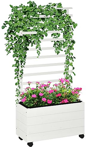 Outsunny Jardinera con Enrejado de Madera con 4 Ruedas Macetero de Jardín con Celosía para Trepadora y Tela Geotextil para Cultivos Plantas Flores en Exterior 76x30x155 cm Blanco