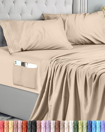 Utopia Bedding Juego de Sabanas 4 Piezas 150x200 - Microfibra De Poliéster, Sábana Bajera con Bolsillos de Almacenamiento, Sábana Plana Y 2 Fundas De Almohada Bordadas (Cama 150, Beige)