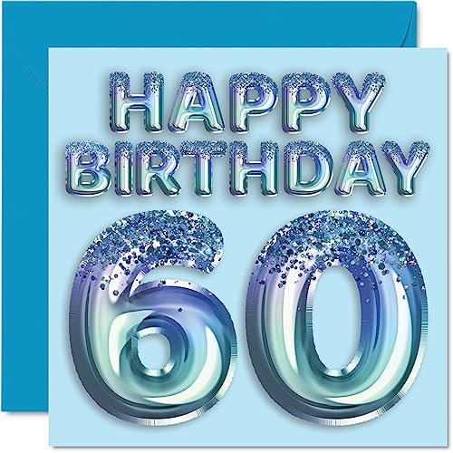 Geburtstagskarte zum 60. Geburtstag für Männer, Blauer Glitzer-Partyballon | Happy Birthday Karten für 60 Jahre alten Mann, Onkel, Opa, Opa, Oma, 145 mm