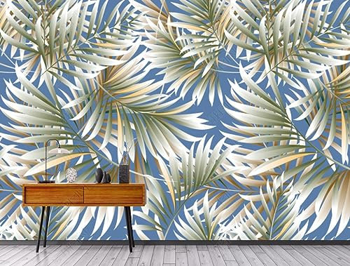 Papier Peint Intissé Feuille De Bananier Fond Bleu Poster Tableaux Muraux Tapisserie Photo Trompe L'Oeil Salon Chambre Décoration Murale 200Cm(W)*140Cm(H)