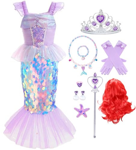 Snyemio Meerjungfrau Kostüm Mädchen Arielle Kleid Kinder mit Perücke Verkleidung für Fasching Halloween Geburtstag Party Karneval, Lila, 104-110(Etikett 110)