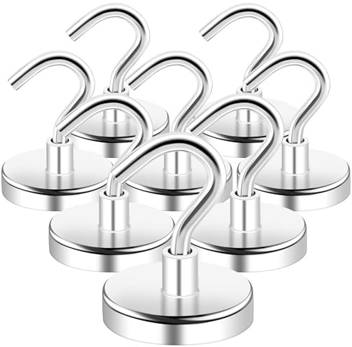 Magnetkrokar, extra starka magnetkrokar, 20 kg, superstarka neodymmagneter med krokar, 32 mm neodymmagneter, krokar för kök, kylskåp, klassrum, kryssningsmagnetkrokar, silver, 8 stycken