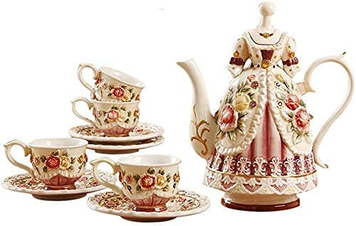 Juego de té chino Teteras Juego de té de la tarde Tetera con infusor de té Rosas en relieve pintadas a mano Juego de té de cerámica Tetera victoriana europea con taza Café de cer